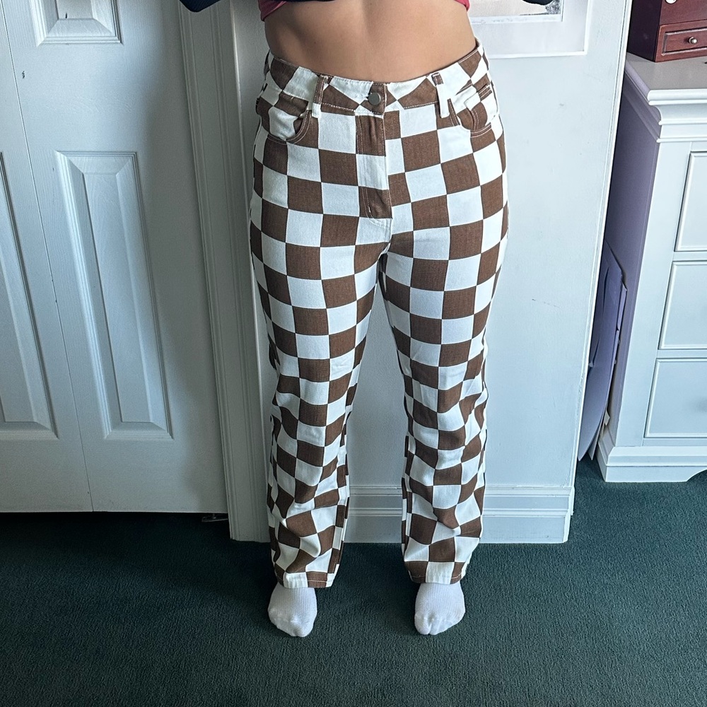 Brown and White Checkered Pants